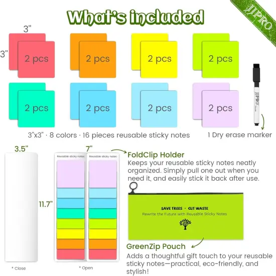 Dry Erase Sticky Notes - Reusable Whiteboard Stickers 8 Colors 3"x3"-16 Pack. Suitable for All Smooth Surface.Great for Labels, Lists, Reminders and Decals-Washable,Removable {2}