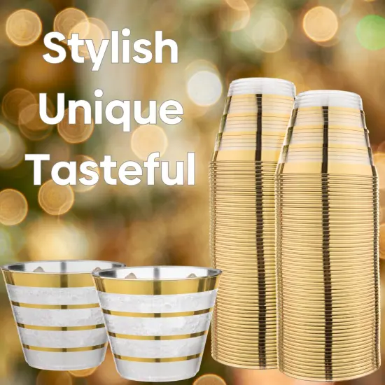 110 Pack 9 oz Disposable Clear Plastic Cups| Gold Rimmed Disposable Cups {6}
