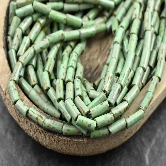 9x4mm Opaque Turquoise Picasso Czech Bugle Beads (21" Strand) {3}