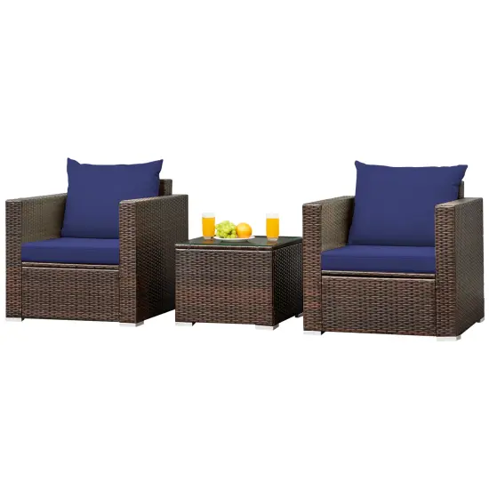 3 Pcs Patio Conversation Rattan Furniture Set with Cushion Beige {7}