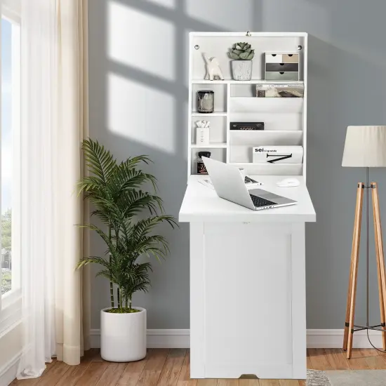 Wall Mounted Fold-Out Convertible Floating Desk Space Saver White {5}