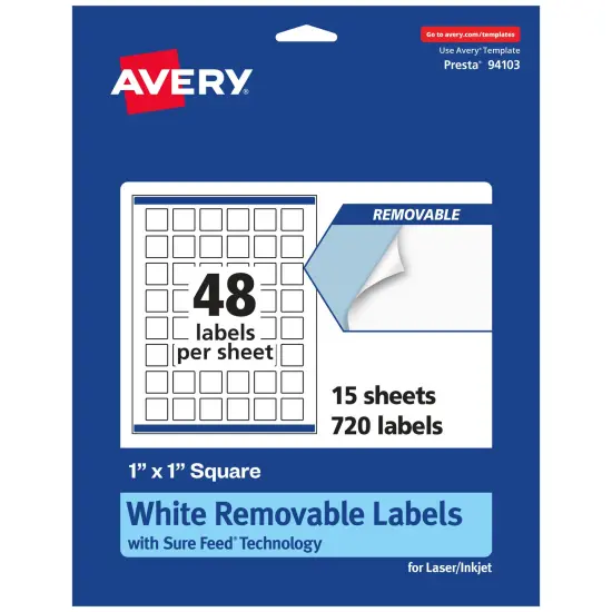 Avery Matte White Removable Square Labels with Sure Feed Technology, Print-to-the-Edge, 1" x 1" {1}