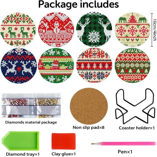 8 Pcs Christmas Diamond Painting Coasters with Holder, Diamond Art Coasters for Beginners, Adults & Beginner Diamond Art Kits for Adults, Craft Supplies Diamond Art Coasters Adults {2}