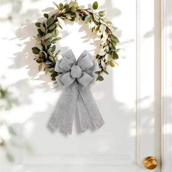 Grey Burlap Wreath Bow 20 x 11 Inches Birthday Holiday Ribbon Bow Carnival Farmhouse Bow Tree Ornament for Home Front Door Decorations {5}