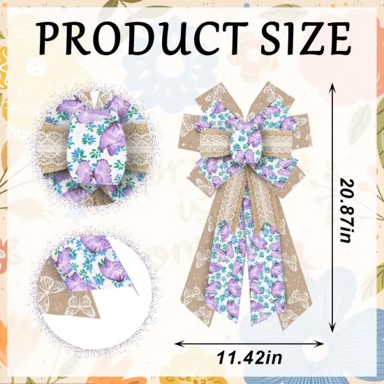 Large Spring Wreath Bows Purple Butterfly Burlap Bows for Wreath, Blue Brown Lace Flowers Ribbon Bows Spring Retro Flowers Decor Bows for Springtime Indoor Outdoor Decoration Wreath Ornament Supplies {2}
