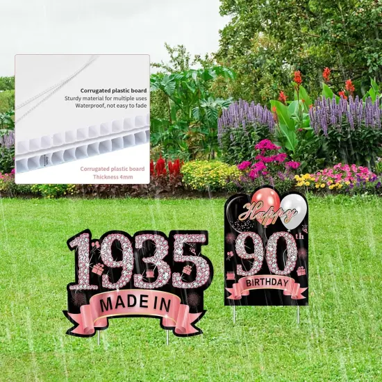 2Pcs Rose Gold 90th Birthday Yard Sign Decoration for Women, Happy 90th Birthday Made in 1935 Lawn Sign Party Supplies, Ninety Year Old Yard Decor Stakes {2}