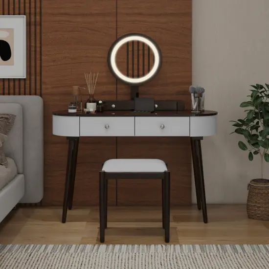 LED Lighted Vanity Table Set with Adjustable Mirror & Cushioned Stool White-Brown {3}