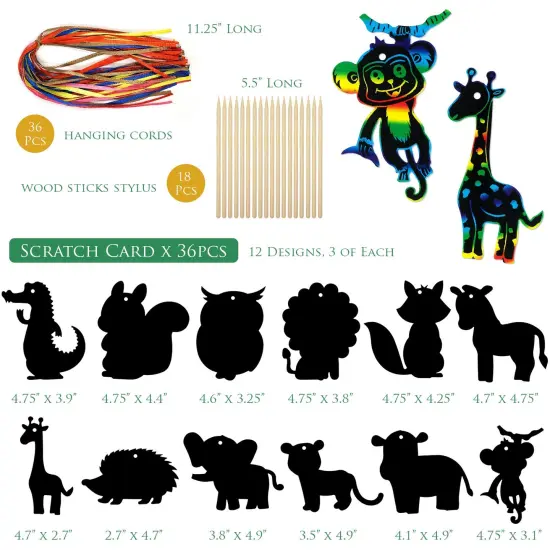 Wrapables 36pc Rainbow Scratch Arts Ornaments, DIY Magic Scratch Arts and Crafts, Animals {2}