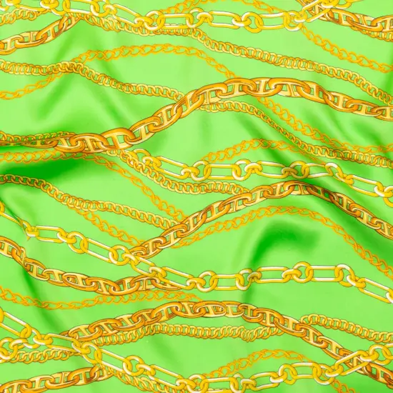 1 Yard Exclusive Italian Silk Charmeuse Kelly Green Gold Chain Print Digitally Printed - 55 Inches Wide {1}