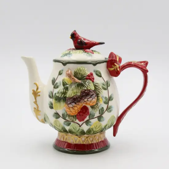Ceramic Christmas Cardinal Bird Teapot, Gift for Her, Gift for Mom, Birdwatcher, Tea Party Décor, Café Décor, Christmas Décor {2}