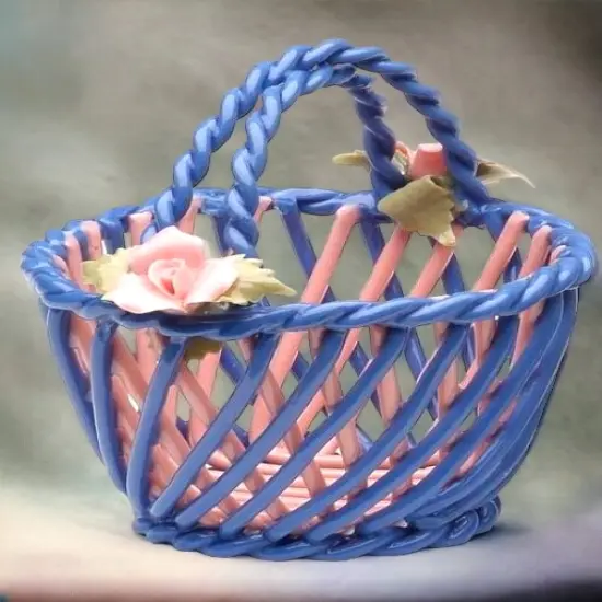 Ceramic Small Woven Blue Basket with Pink Rose Flowers, Home D&eacute;cor, Gift for Her, Gift for Mom, Nature Lover Gift {2}