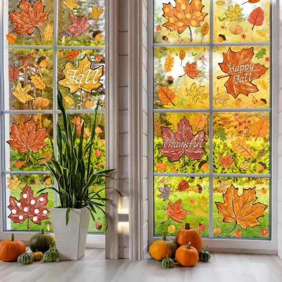 8 Sheets Thanksgiving Fall Window Clings - Maple Leaves Pine {5}