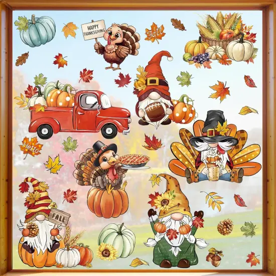 Fall Gnome Window Clings - Thanksgiving Turkey Pumpkin Red Truck {1}