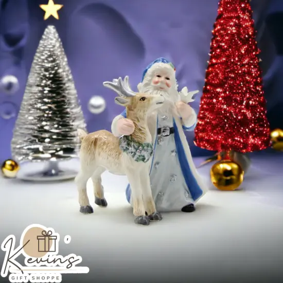 Ceramic Christmas Blue Santa Claus with Reindeer Salt and Pepper Shakers, Home Décor, Gift for Her, Gift for Mom, Kitchen Décor {1}