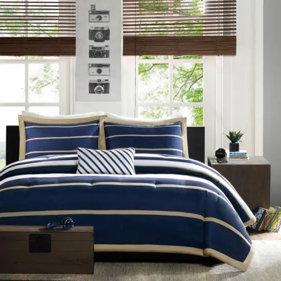 Navy Blue White Khaki Comforter Set Full Queen Size 4 Piece {2}