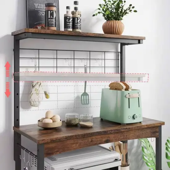 Rustic Brown Engineered Wood Bakers Rack with Adjustable Height and Industrial Design {5}