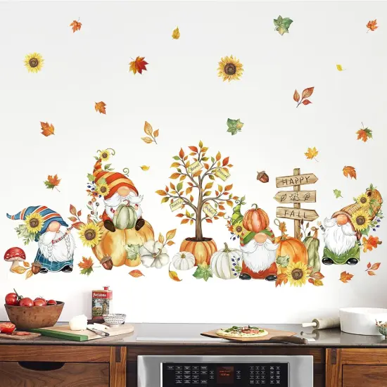 Fall Thanksgiving Pumpkin Wall Stickers Gnome Autumn Tree Leaves Peel {3}