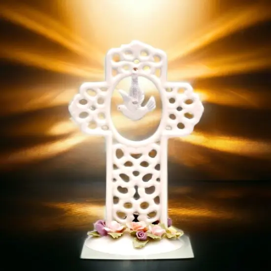 Ceramic Cross with Dove Bird and Flowers Figurine, Christmas D&eacute;cor, Religious D&eacute;cor, Religious Gift, Church D&eacute;cor, Baptism Gift {1}