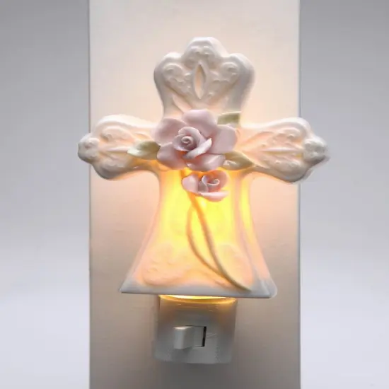 Ceramic Rose Flowers on Cross Plug-In Nightlight, Religious D&eacute;cor, Religious Gift, Church D&eacute;cor, Church Gift, Baptism Gift {3}