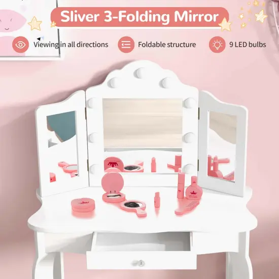 Costway Makeup Vanity Set with Tri-Fold Mirror & LED Lights Vanity Desk and Stool Set {5}