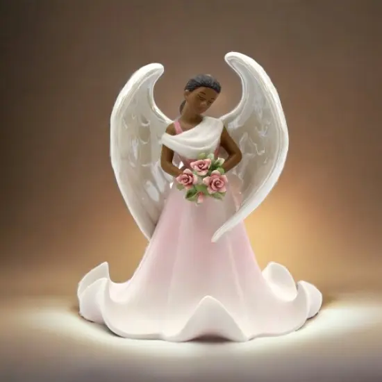 Ceramic African American Angel with Flowers Figurine, Home Décor, Religious Décor, Religious Gift, Church Décor, Baptism Gift {2}