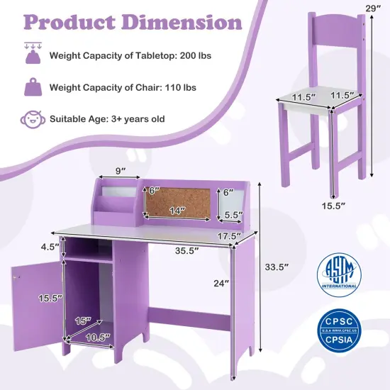 Costway Kids Study Desk with Chair, Whiteboard, Marker, Hutch, Storage Cabinet Purple/White {3}