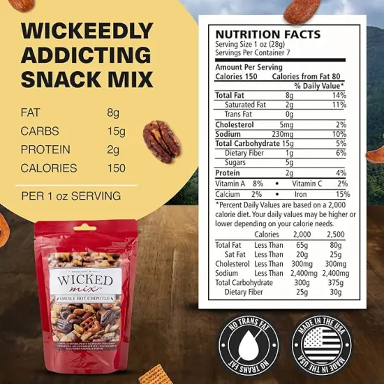 Wicked Mix Snack Mix with Mixed Nuts - Sweet and Salty Snacks Trail Mix Snack Packs with Almonds, Cashews, Pretzels, Pecans - Healthy Snacks Zero Trans Fat in Resealable Bag (Smoky Hot Chipotle, Pack of 3) {3}