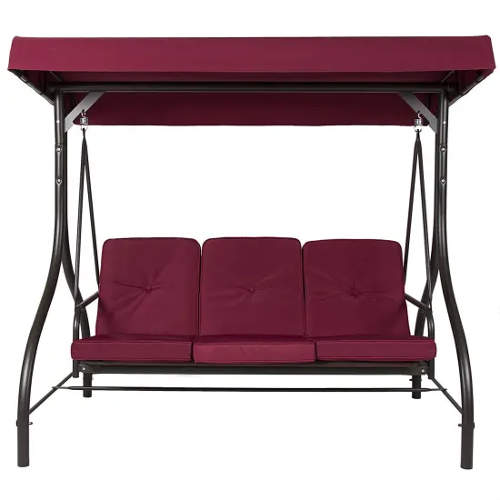 Outdoor Porch Swing with Burgundy Cushions and Adjustable Top {1}