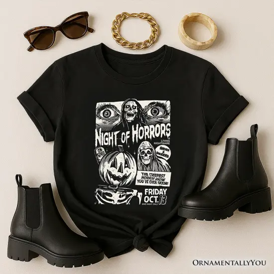 Night of Horrors Retro Halloween T-Shirt, Vintage Poster Tee for Spooky Season Fans {7}