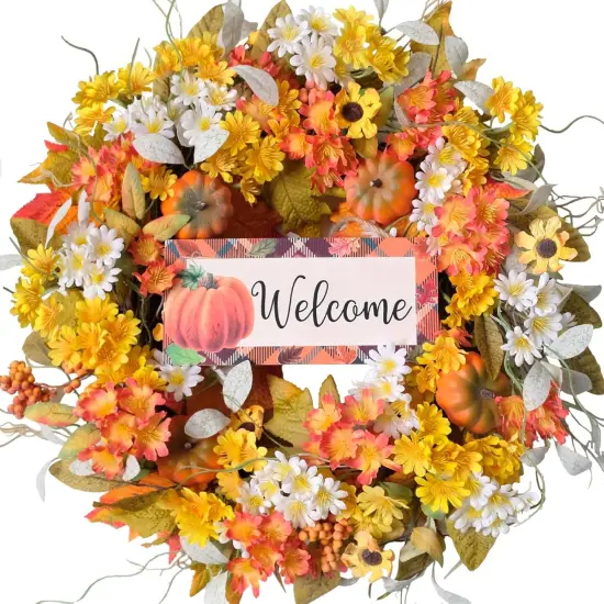 22 Inch Fall Wreaths for Front Door Outside, Pumpkin Sunflowers {1}