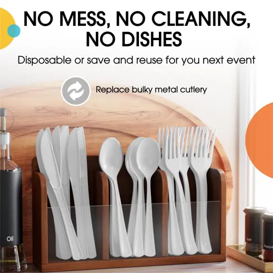 Exquisite Polished Plastic Silverware &ndash; 150 Pcs Heavy Duty Cutlery Set &ndash; 50 Each of Forks, Knives & Spoons &ndash; Disposable Utensil Set for Parties, Events & Catering &ndash; Flatware Set by Party Solids White {5}