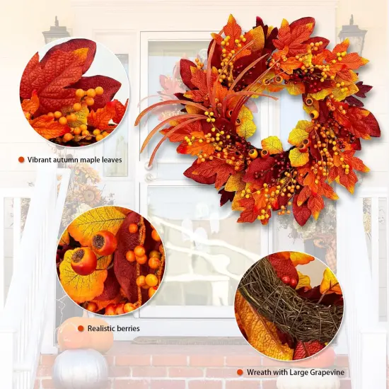 Fall Wreaths for Front Door, Autumn Wreath with Maple Leaves {5}