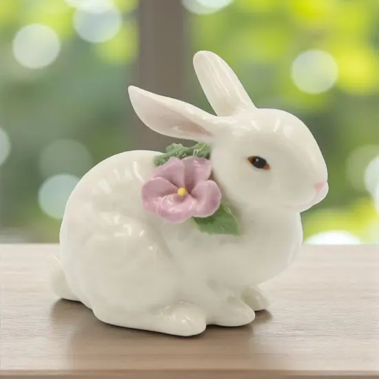 Ceramic Bunny Rabbit with Pink Pansy Flower Figurine, Home D&eacute;cor, Gift for Her, Gift for Mom, Kitchen D&eacute;cor, Spring D&eacute;cor, Easter D&eacute;cor {1}