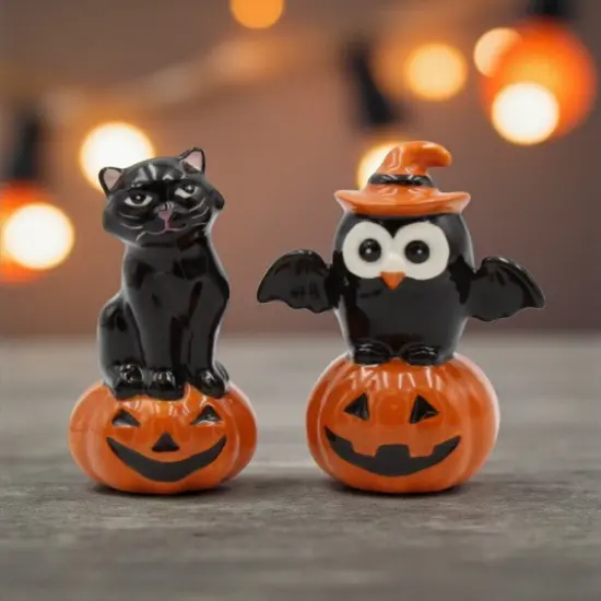Ceramic Halloween Decor Black Owl And Black Cat On Pumpkin Salt And Pepper, Home D&eacute;cor, Gift for Her, Mom, Kitchen D&eacute;cor, Fall D&eacute;cor {2}