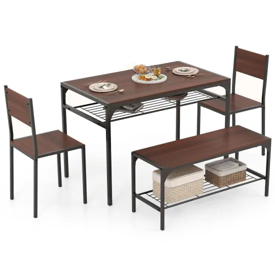 Costway Dining Table Set for 4 Rectangular Table with 2 Chairs, 1 Bench, Storage Racks Rustic Brown/Gray/Brown {4}