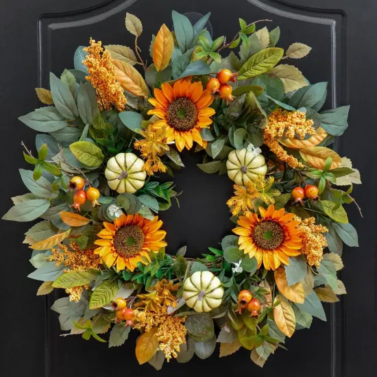 Fall Wreath for Front Door 24 Inch Artificial Sunflower and Pumpkin Fall Wreath with Berries, Autumn Harvest Fall Wreaths for Indoor Outdoor Decor, Thanksgiving and Halloween Decoration {1}