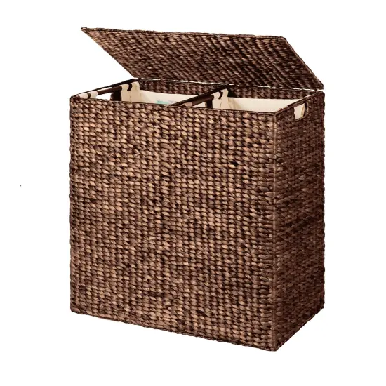 Espresso Water Hyacinth 2-Bin Laundry Hamper with Lid and Canvas Liners {1}