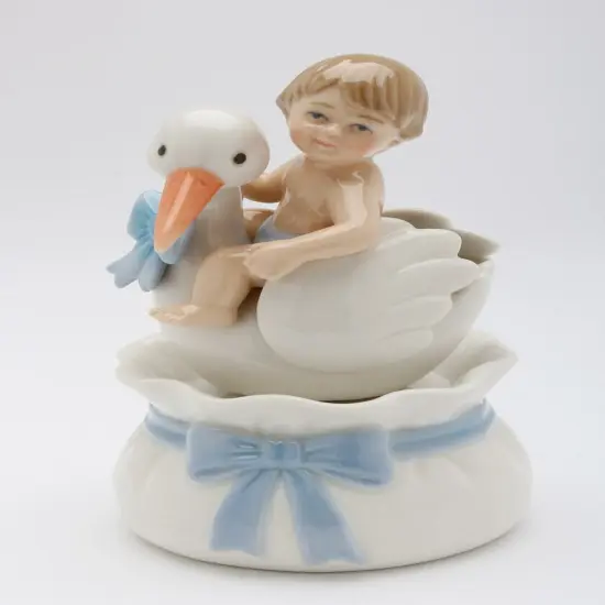 Ceramic Baby Boy With Stork Music Box, Nursery Room Decor, Baby Shower Gift, Gift for New Mom, Gift for Expecting Mother {3}