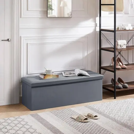Light Grey Faux Leather Storage Ottoman Bench for Bedroom or Entry {3}