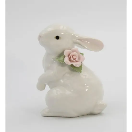 Springtime Bunnies: Standing Easter Bunny Rabbit with Pink Rose Flower Figurine {2}