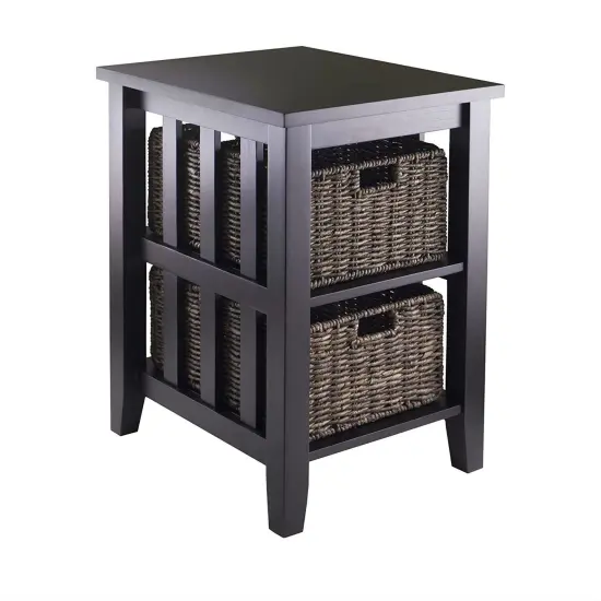 Espresso 3-Tier Accent Side Table with Open Shelf and 2 Storage Baskets for Bedroom or Living Room {1}
