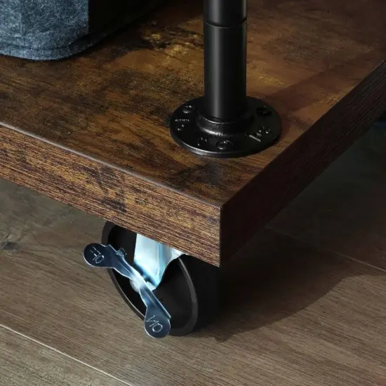 Rustic Brown Industrial Metal Pipe Clothes Rack with Wood Shelves and Locking Wheels {4}