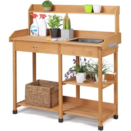 Brown Solid Fir Wood Potting Bench with Sink, Drawer and Shelves {4}