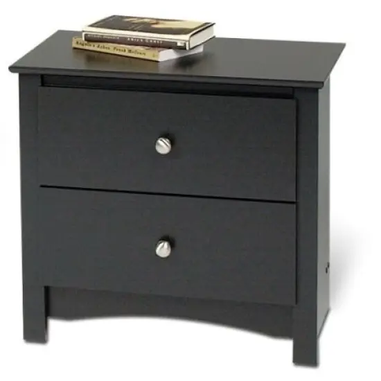 Black Wood Nightstand with Two Drawers and Brushed Nickel Knobs Modern Bedroom Side Table {1}