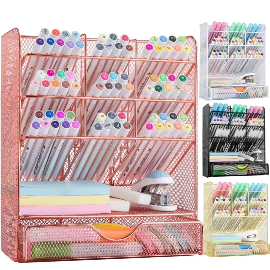 Spacrea Pen Holder Desk Organizer - Desk Organizers and Accessories, Pencil Holder with 10 Compartments and 1 Drawer(Rose Gold) {1}