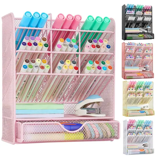 Spacrea Pen Holder Desk Organizer - Desk Organizers and Accessories, Pencil Holder with 10 Compartments and 1 Drawer（Pink） {1}