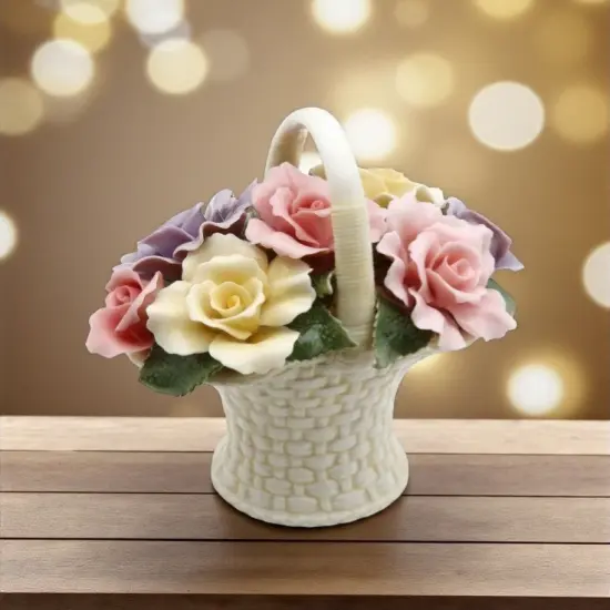 Ceramic Rose Flowers Basket Figurine, Wedding D&eacute;cor or Gift, Anniversary D&eacute;cor or Gift, Home D&eacute;cor, Gift for Her, Gift for Mom {3}