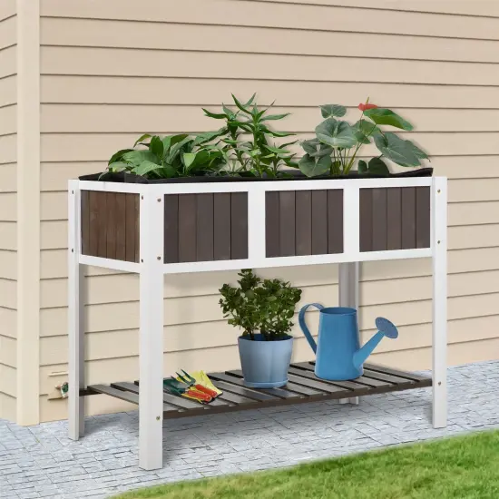 White Fir Wood 2-Level Elevated Garden Planter Bed with Fabric Liner {2}