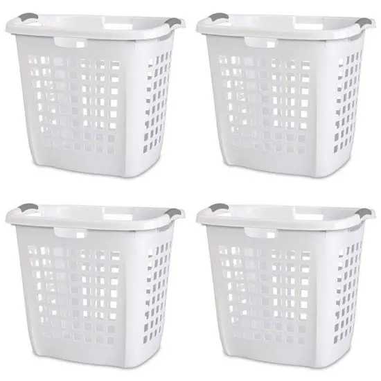 White Heavy Duty Plastic Laundry Baskets Set of 4 with Reinforced Rims and Handles {1}