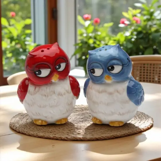 Ceramic Blue and Red Owl Salt and Pepper Shakers, Home D&eacute;cor, Gift for Her, Gift for Mom, Kitchen D&eacute;cor, Birdwatcher Gift {1}